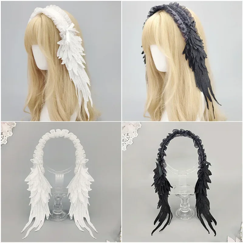 Gothic Lolita Angel Wings Nakrycie głowy Dark Mori Kei Koronkowa opaska do włosów dla eleganckiej pokojówki EGA Cosplay Accessory