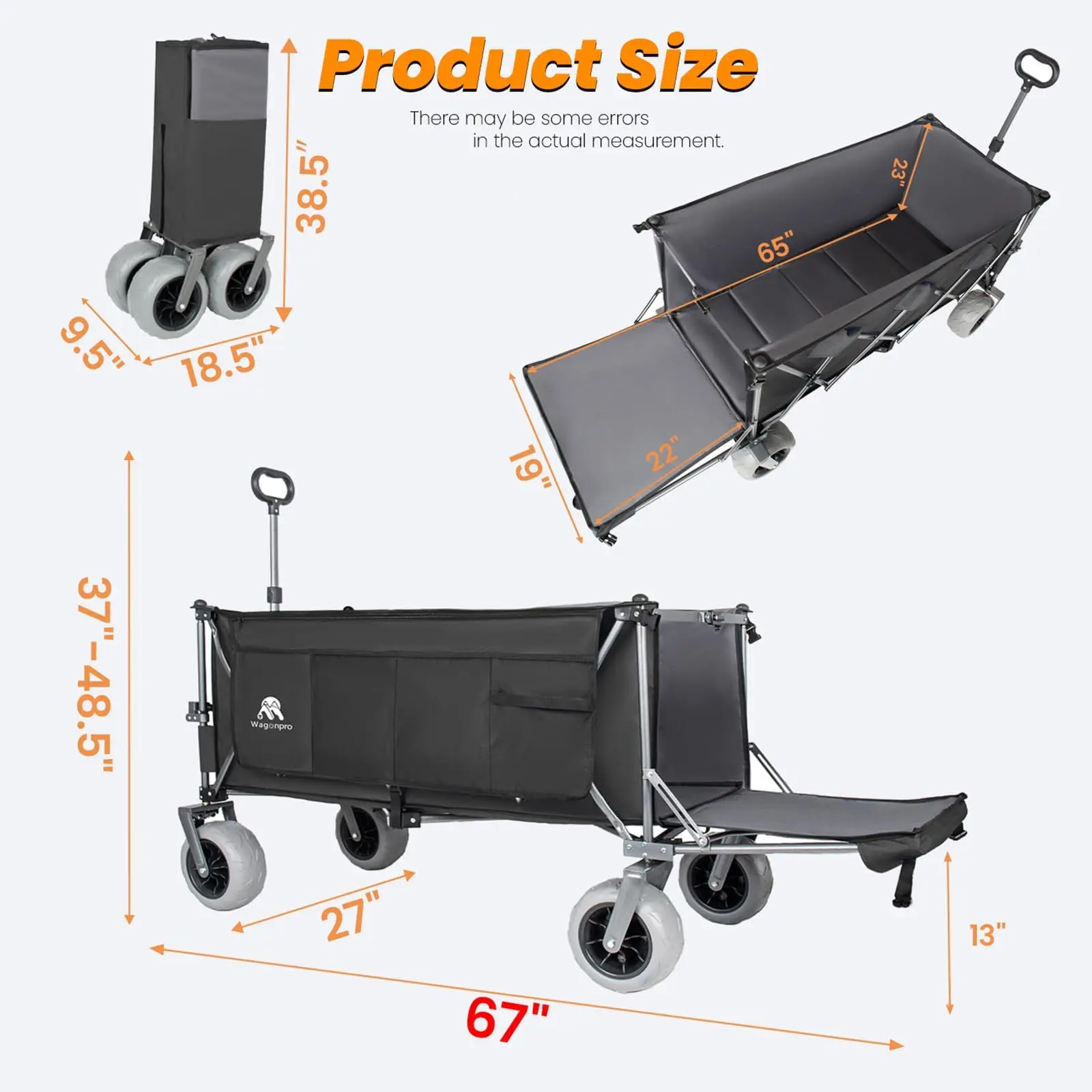 67 in Extra Long Folding Beach Wagon with Extendable Tailgate, 500 lb Capacity, Collapsible Utility Wagon with 9 x 4 in