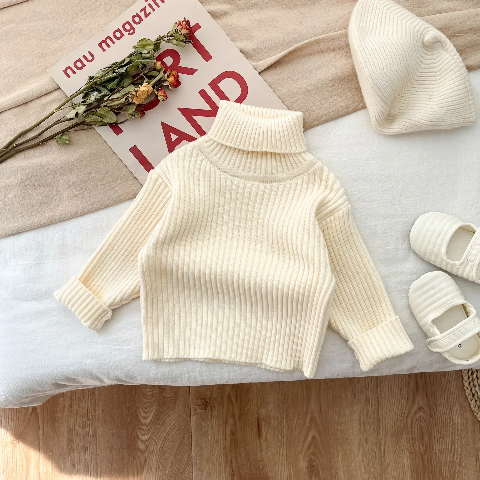 Baby Clothing Girls Sweater Autumn and Winter Thickened 2023 New Fashionable Knitted Solid Color Baby Turtleneck Pullover Top