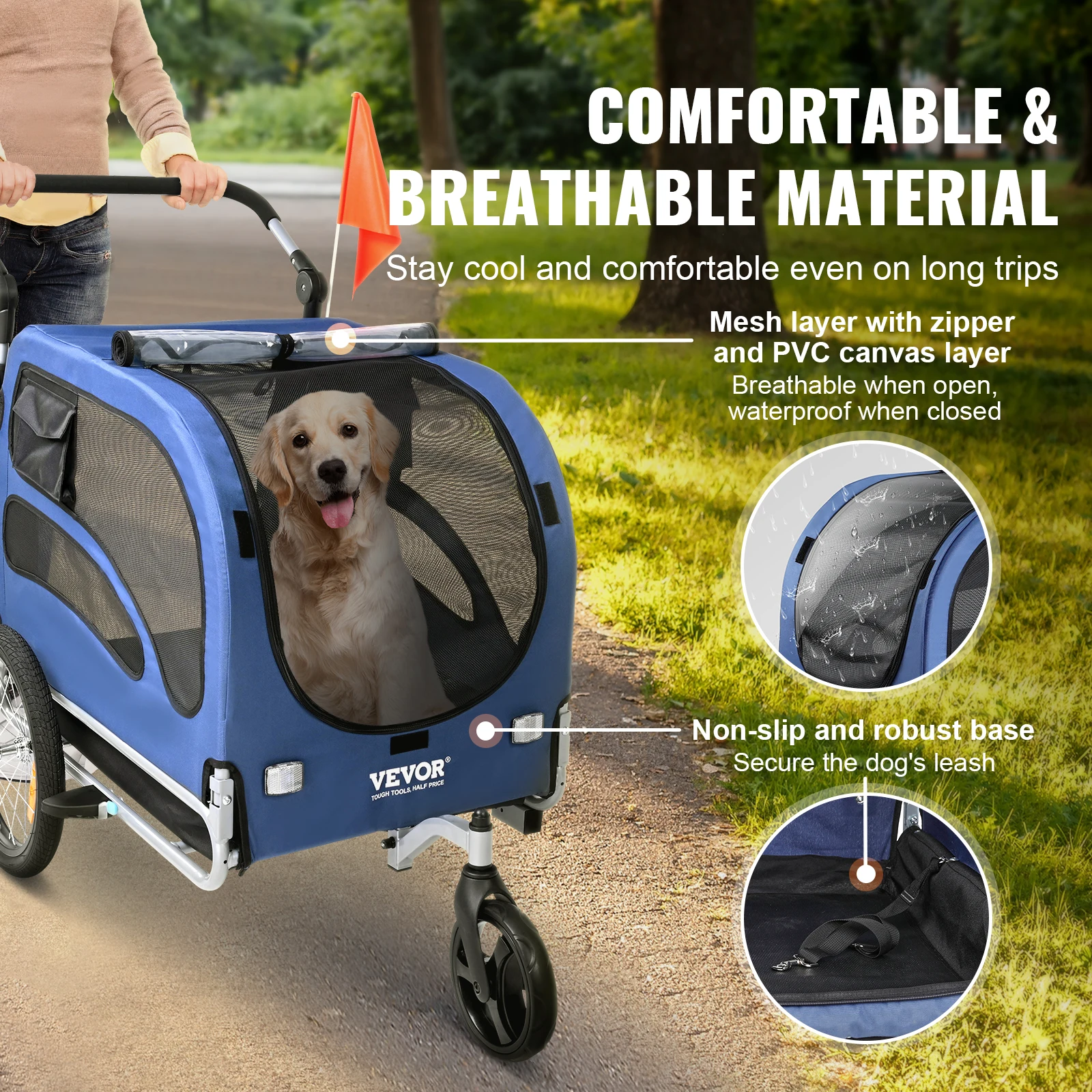 VEVOR 100 lbs Dog Bike Trailer 2-in-1 Pet Stroller Cart Bicycle Carrier with Wheels Coupler Reflectors Flag for Dogs Travel