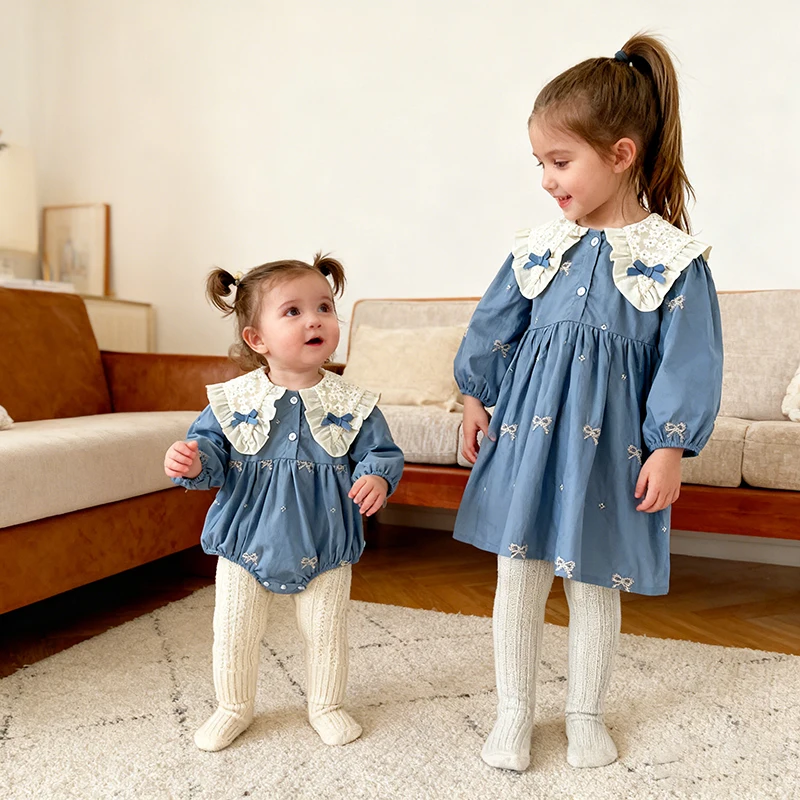2026 neue Frühjahr Schwestern Kleidung 0-24M Lange Ärmeln Bogen Stickerei Strampler 2-6Y Mädchen Party Kleid Kinder prinzen Herbst Baumwolle Kleid
