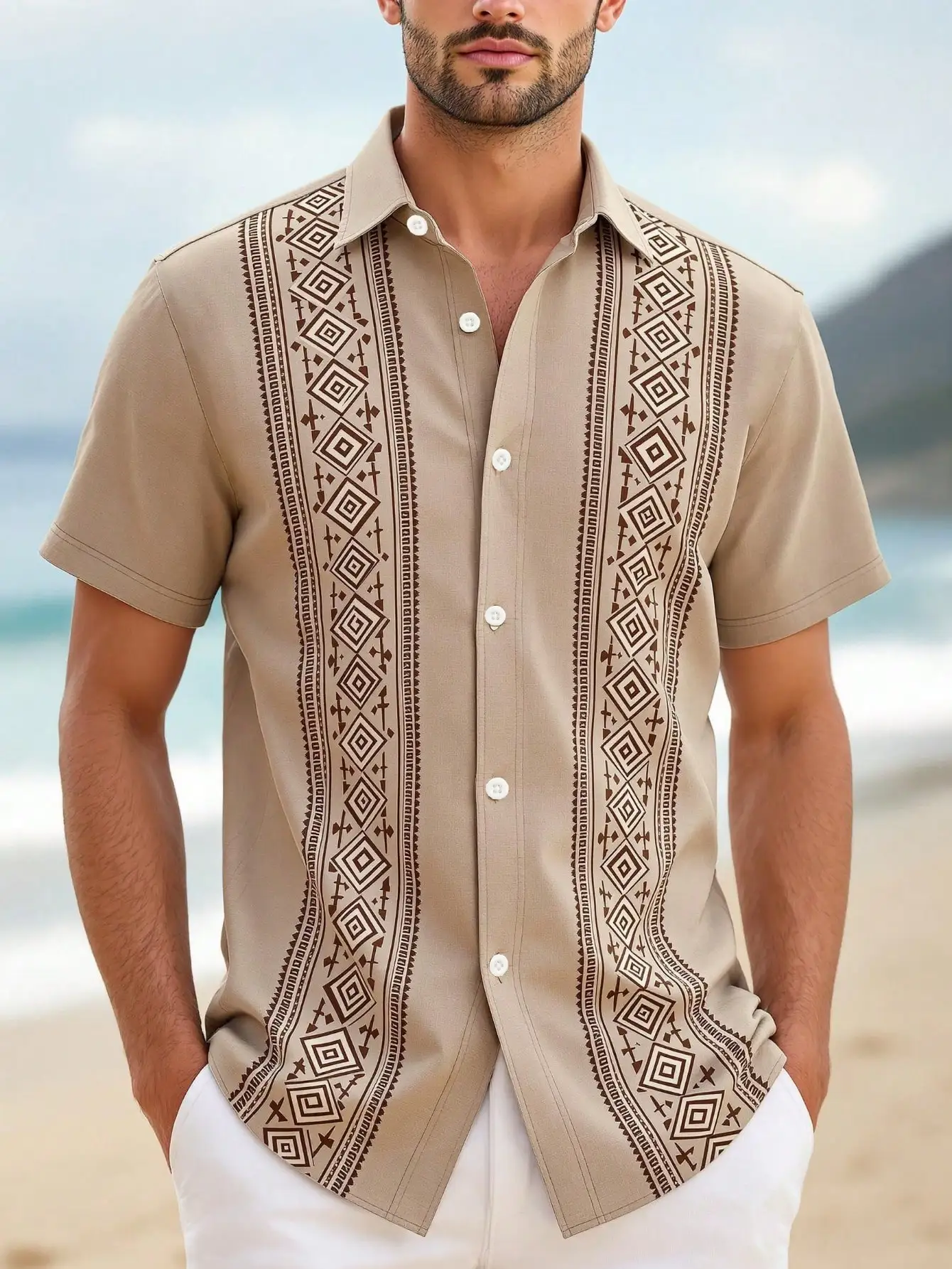 

Men's Beige Short Sleeve Button-Front Shirt with Tribal Geometric Print for Beach & Resort