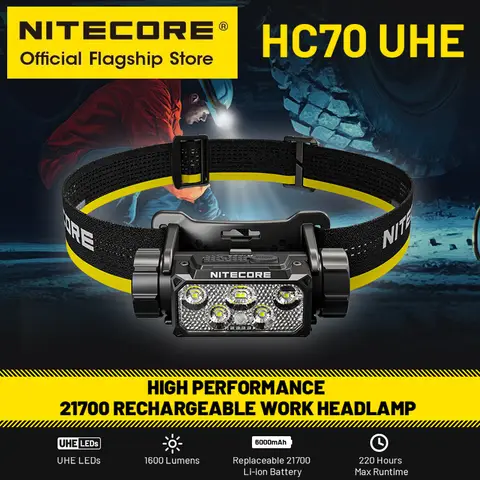 NITECORE HC70 UHE USB-C 충전식 작업 헤드램프, 1600 루멘 하이킹 트레킹 LED 헤드라이트, 6000mAh 21700 리튬 이온 배터리
