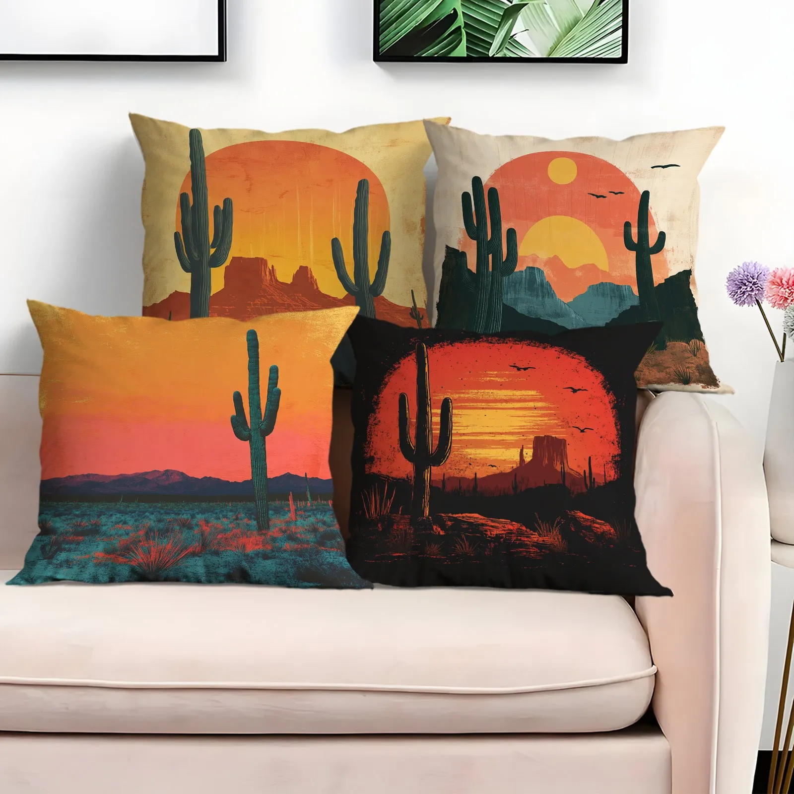 Desert Sunset Cactus Design digital printing pillow cover Short plush Suitable living rooms bedrooms sofas throw cushion cover