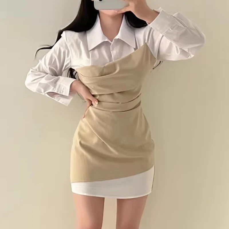 Contrast Stripe Patchwprk Vestidos Laple Neck Long Sleeve Vestido Irregular Dress Korean Dresses Spring 2025 New Ropa Mujer