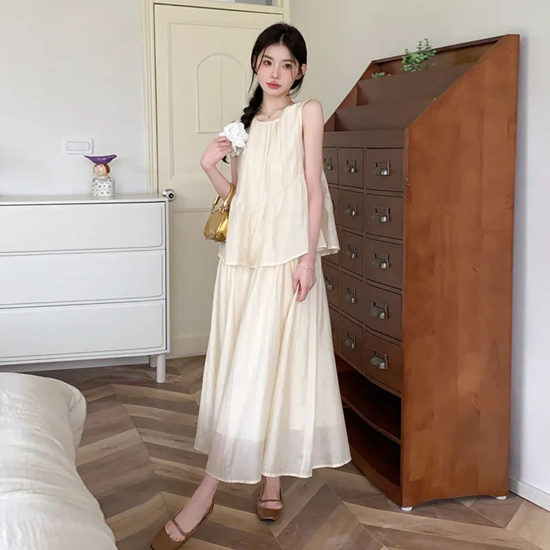

New French Elegant O-neck Sleeveless Tank Top Women High-waisted A-line Pleated Loose Skirt Summer Pure Ladylike Two Pieces Set