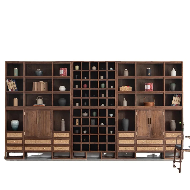 

Black walnut solid wood bookcase, whole wall book floor cabinet combination