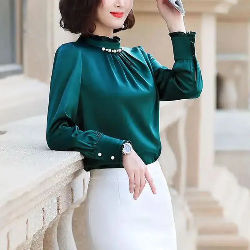 Korean Stand Collar Folds Beading Solid Color Chiffon Shirt Oversized Ruffles Temperament Office Lady Long Sleeve Blouse Women