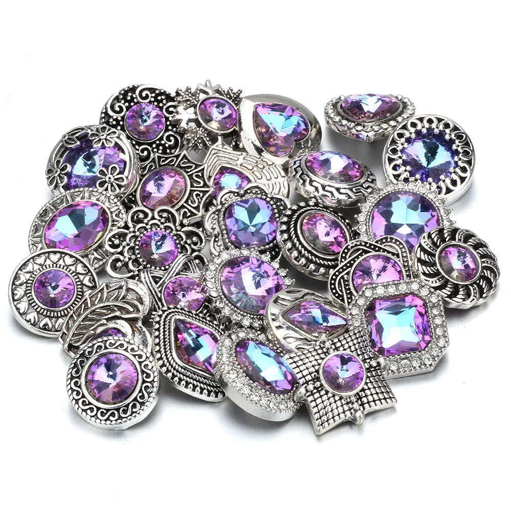 5pcs/lot New Snap Jewelry Purple Color Mixed Rhinestone 18mm Metal Snap Buttons Fit Snap Bracelet Bangle Ginger Charms