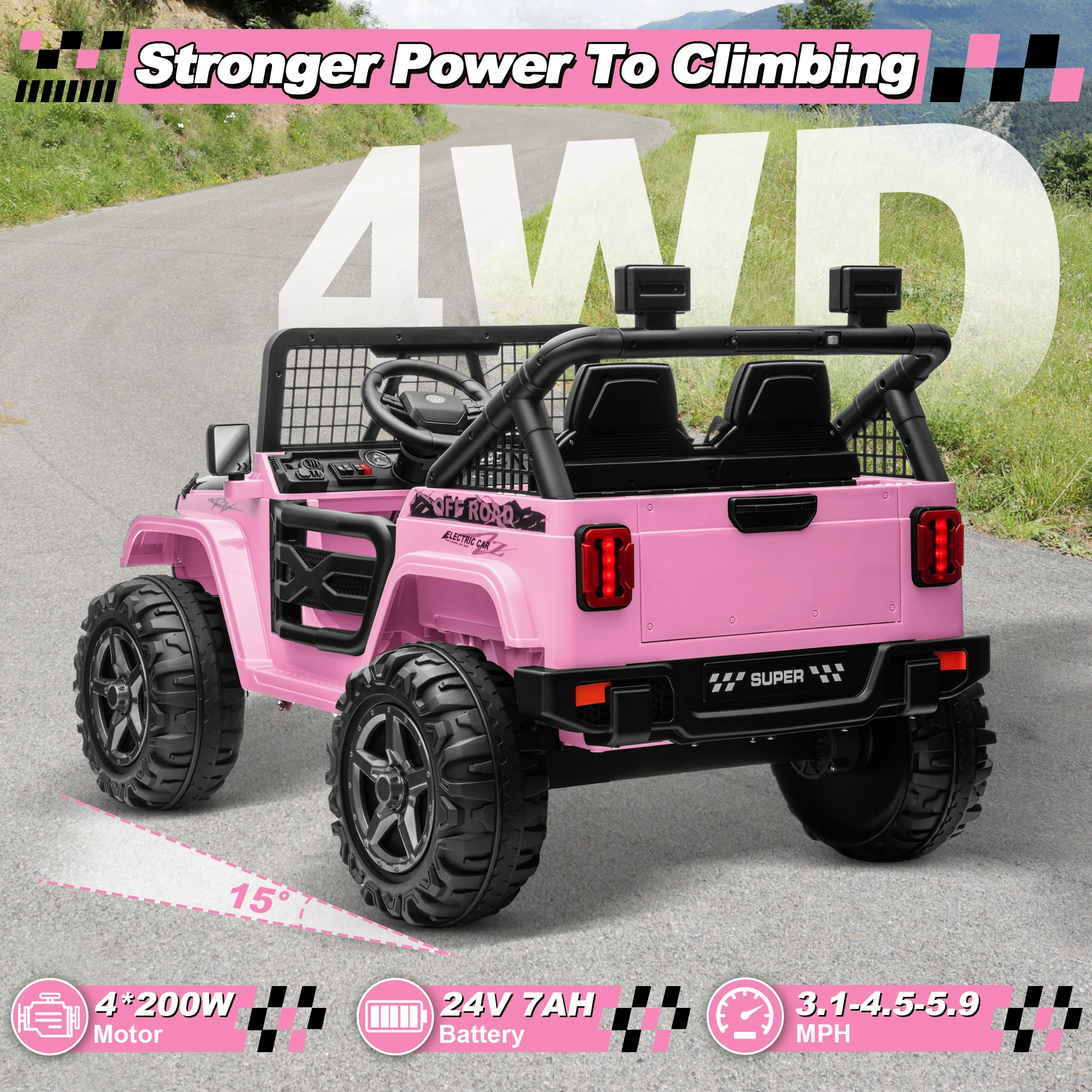 Coche de paseo XL de 24 V con control remoto, coche eléctrico conmutable de 2 plazas 4WD/2WD para niños con asiento de 20 pulgadas de ancho, flor de regalo,