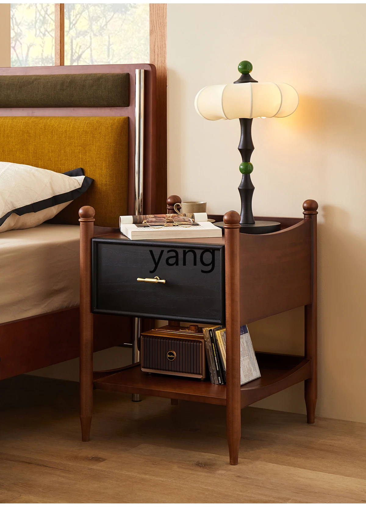 Lmm small bedside table retro solid wood storage bedroom bedside multi-functional side cabinet