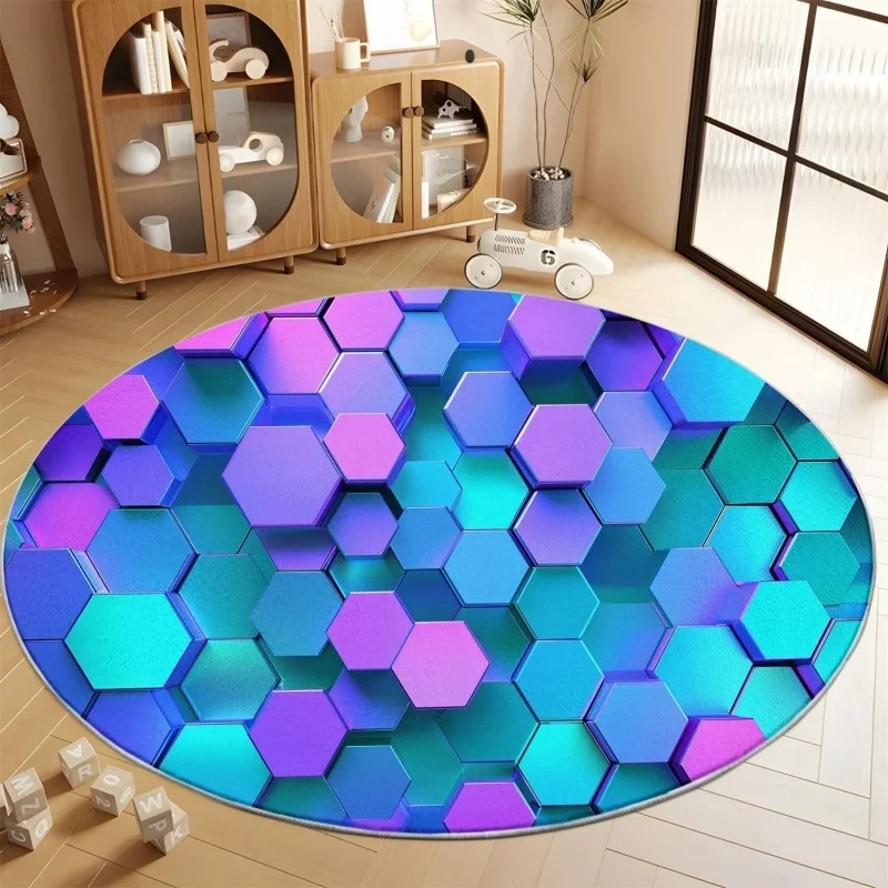 Rainbow Gradient Hexagon Round Rug Modern Geometric Circular Floor Carpet Soft Non Slip Play Mat Minimalist Decor