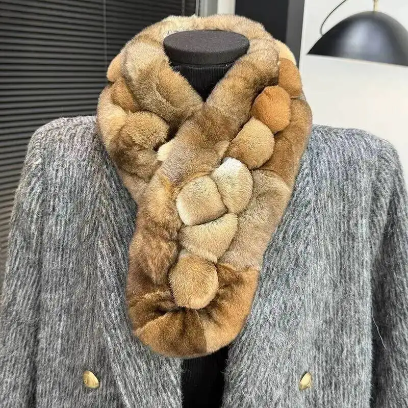 Genuine Rex Rabbit Fur Scarf Thickened Warm Fur Scarf Shawl For Winter Chinchilla-colored Fur Neck Warmer Double-sided Scarves
