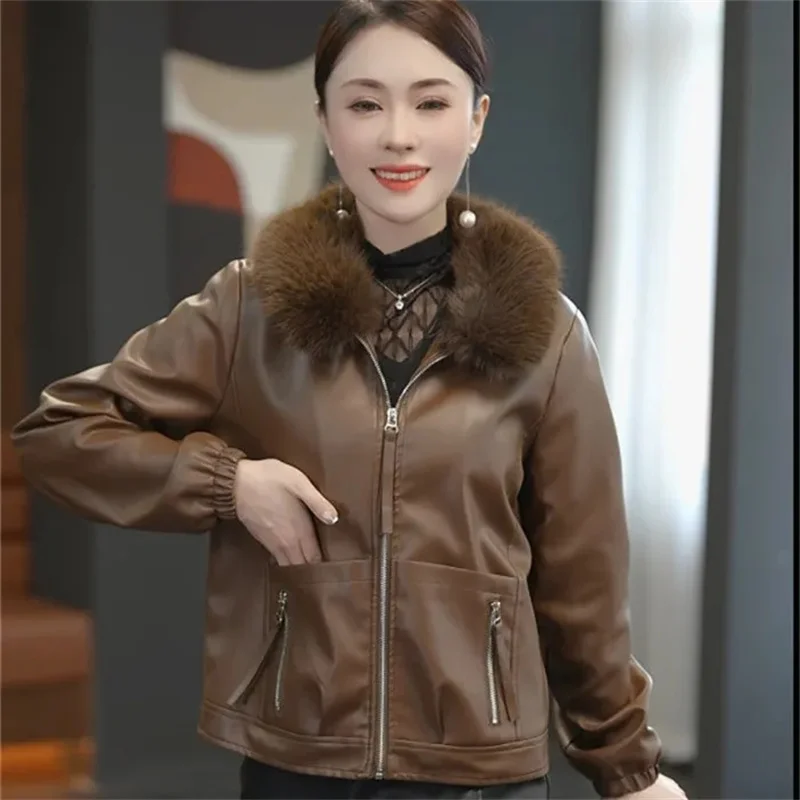 الكورية المرأة موضة فضفاضة بولي Leather بلوزة جلدية أبلى 2025 سيدة كبيرة الحجم 5XL سترة جلدية الشتاء الإناث قصيرة معطف جلد فو