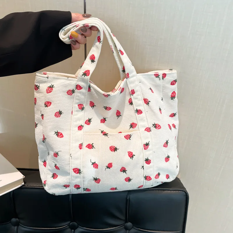 

Strawberry Print Corduroy Tote Bag - Large Capacity Vintage Shoulder Bag for Women, Cute Canvas Storage Purse