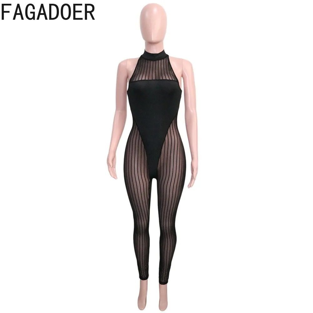 FAGADOER Fashion Mesh Splicing Perspective Bodycon Jumpsuits Women Round Neck Sleevleess Slim Nightclub Playsuits Female Overall