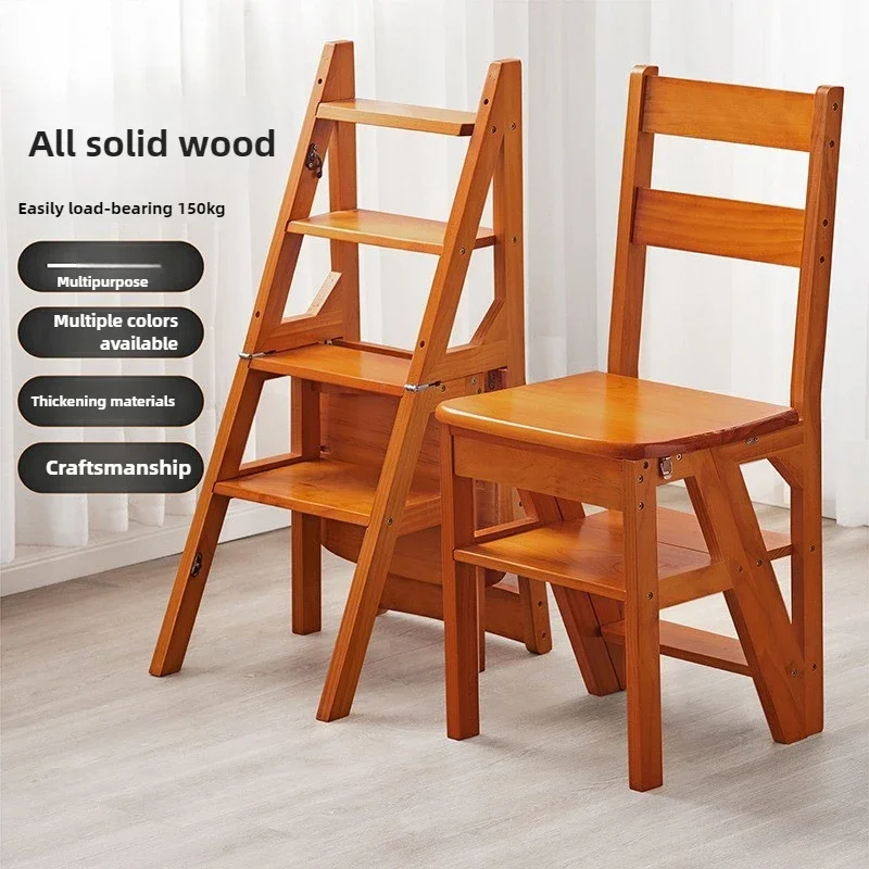 Folding Dual-purpose Ladder Stool, Household Ladder Chair, Indoor Climbing Step Ladder, Multifunctional Solid Wood Ladder Chair image 4