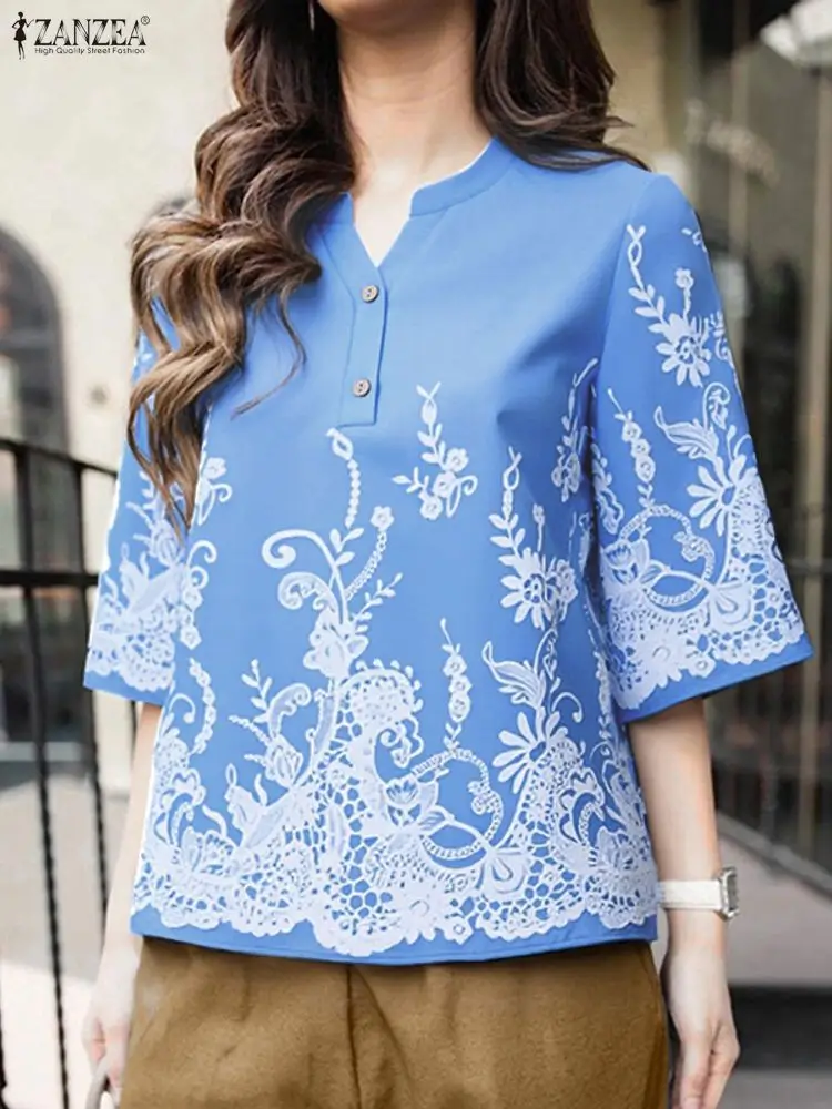 

ZANZEA Autumn Blouse Women V Neck Elegant Tops 2025 Fashion Vintage 3/4 Sleeve Buttons Tunic Casual Loose Pullovers Oversized