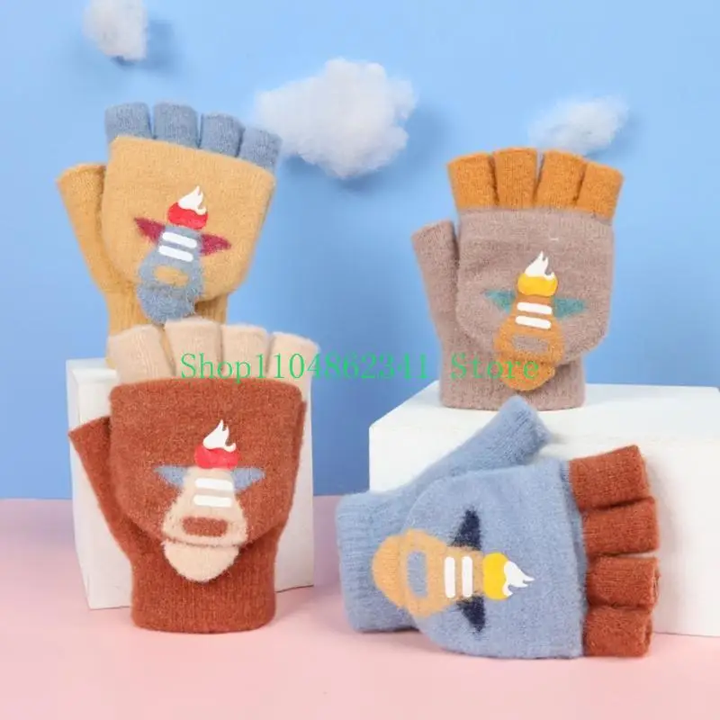 652F Cartoon Rocket Winter Knit Fingerless Convertible Gloves Keep Warm