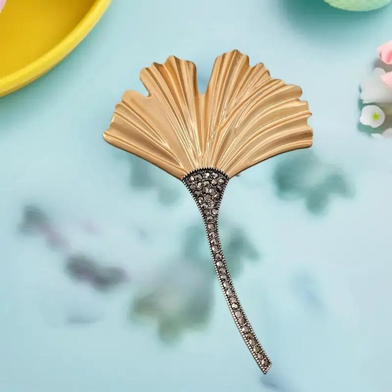 Exquisite Retro Shining Rhinestone Gold Color Fan-shaped Ginkgo Biloba Leaves Plant Brooches Earring For Women Men Jewelry Gift
