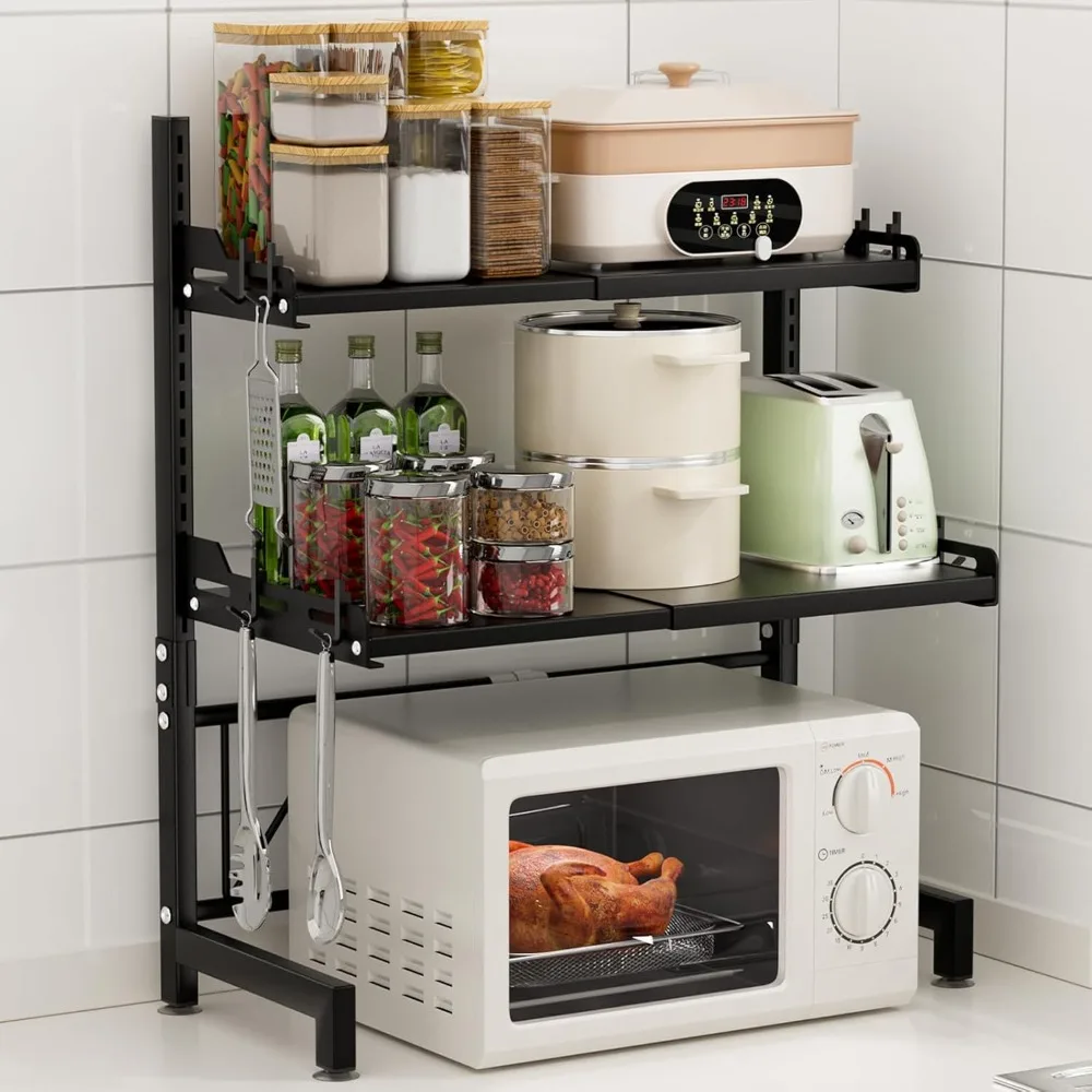 

Adjustable 3-Tier Microwave Oven Rack with 8 Hooks, Extendable from 14.2 to 24.4 inches for Kitchen Countertop Use