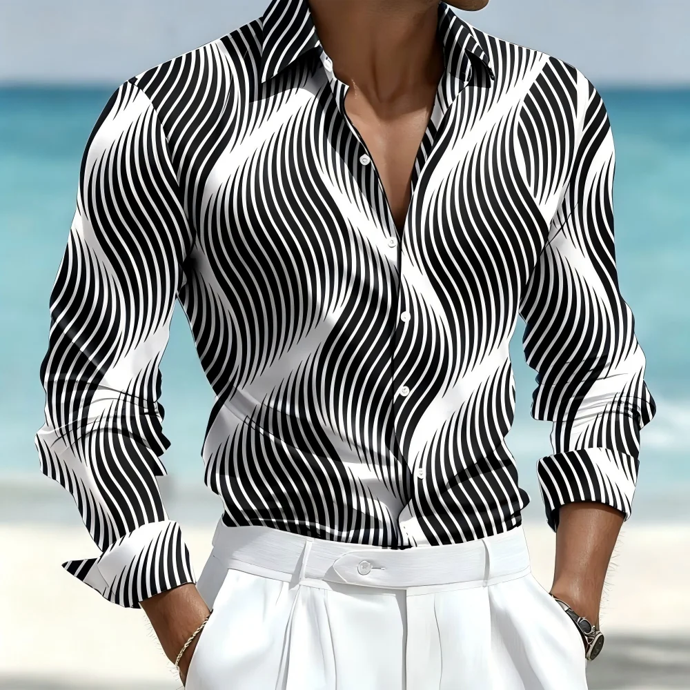 Men's Geometric Gradient Wave Shirt, Formal Shirt Long Sleeved Business Casual Vacation Daily Wear Summer Spring and Autumn 3D P