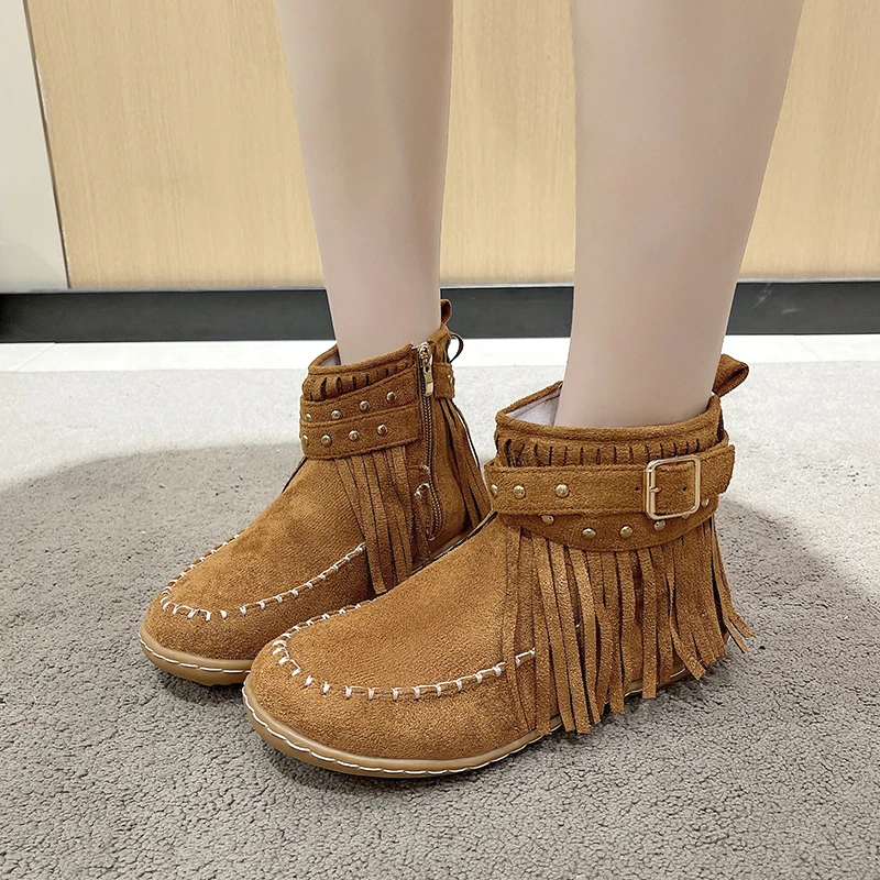 Women's Ankle Boots Round Toe Flat Heel Suede Look Texture Fringe Tassels Buckle Strap Studs Casual Daily Outdoor Walking Shoes