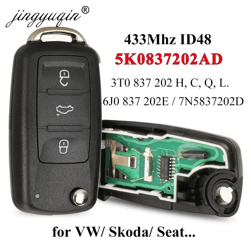 jingyuqin 3BT Remote Flip key 434MHz ID48 Chip for VW Volkswagen GOLF PASSAT Tiguan Polo Jetta Beetle Skoda Seat Car 5K0837202AD 