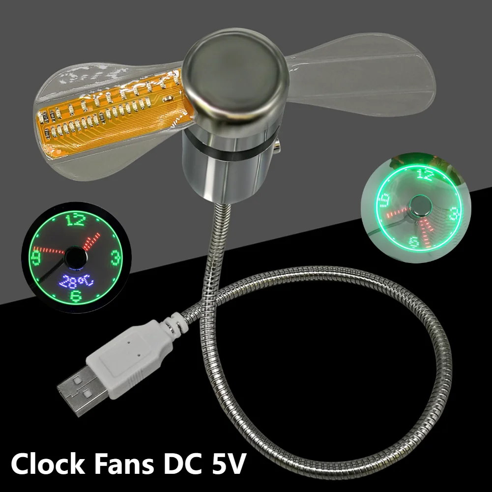 Clock Fans DC 5V Metal Mini Fan Real Time Display LED Clock Fan Portable USB Gadgets Hand Flexible Gooseneck Small Glowing Clock