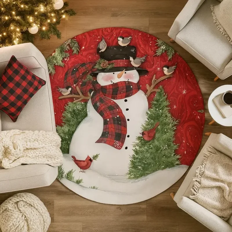 Round Christmas Plaid Scarf Snowman Rug Red Background Bird Cardinal Pine Tree Winter Holiday Decor Carpet For Living Room
