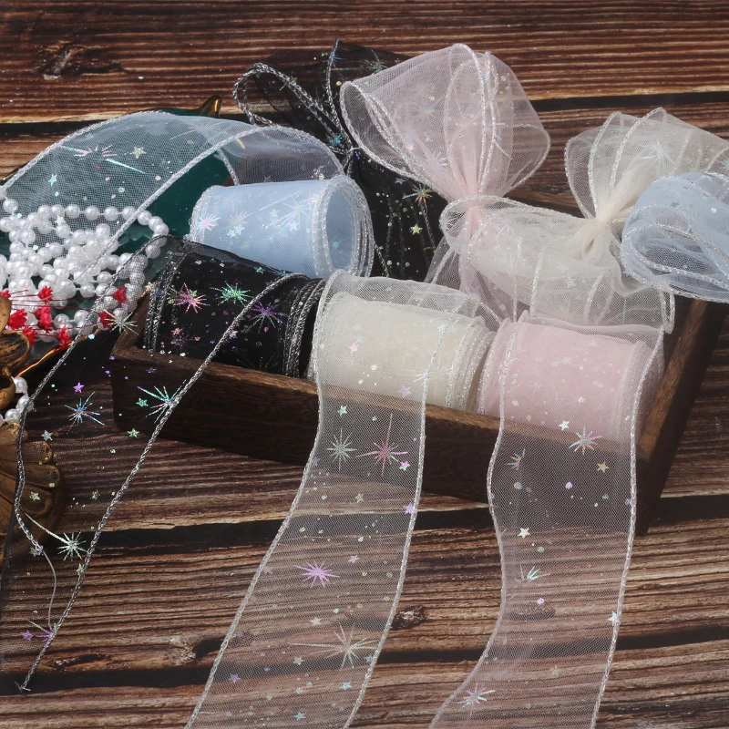 

50 мм лента из органзы с лазерным принтом звезд, блестящая сетчатая кружевная тюль русалки для рукоделия, рождественские товары для рукоделия, оригинальная подарочная упаковка