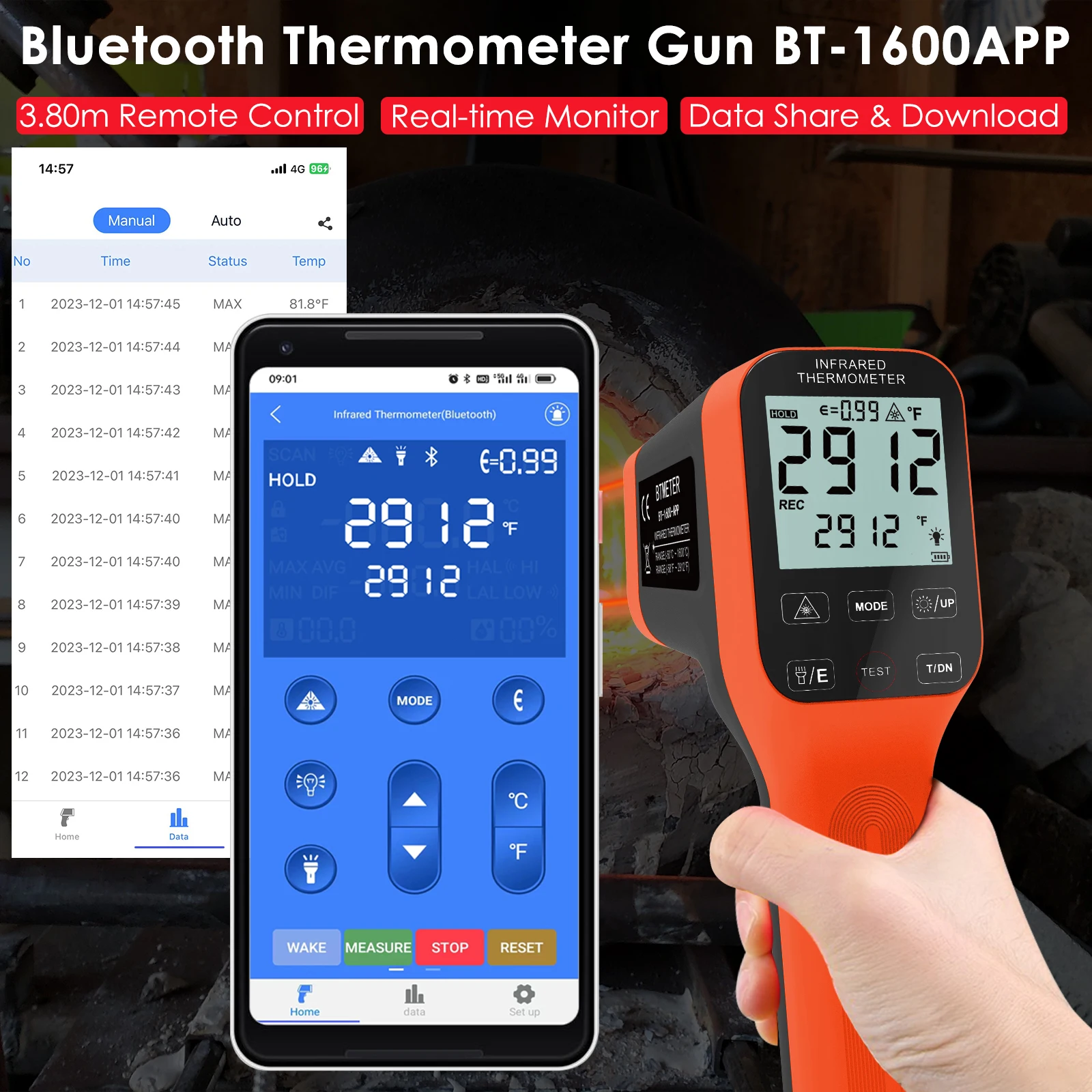 30:1 Dual Laser Infrared Thermometer -50~1600℃ Rechargeable Industrial Pyrometer Non-Contact Temperature Gun with 7 Modes