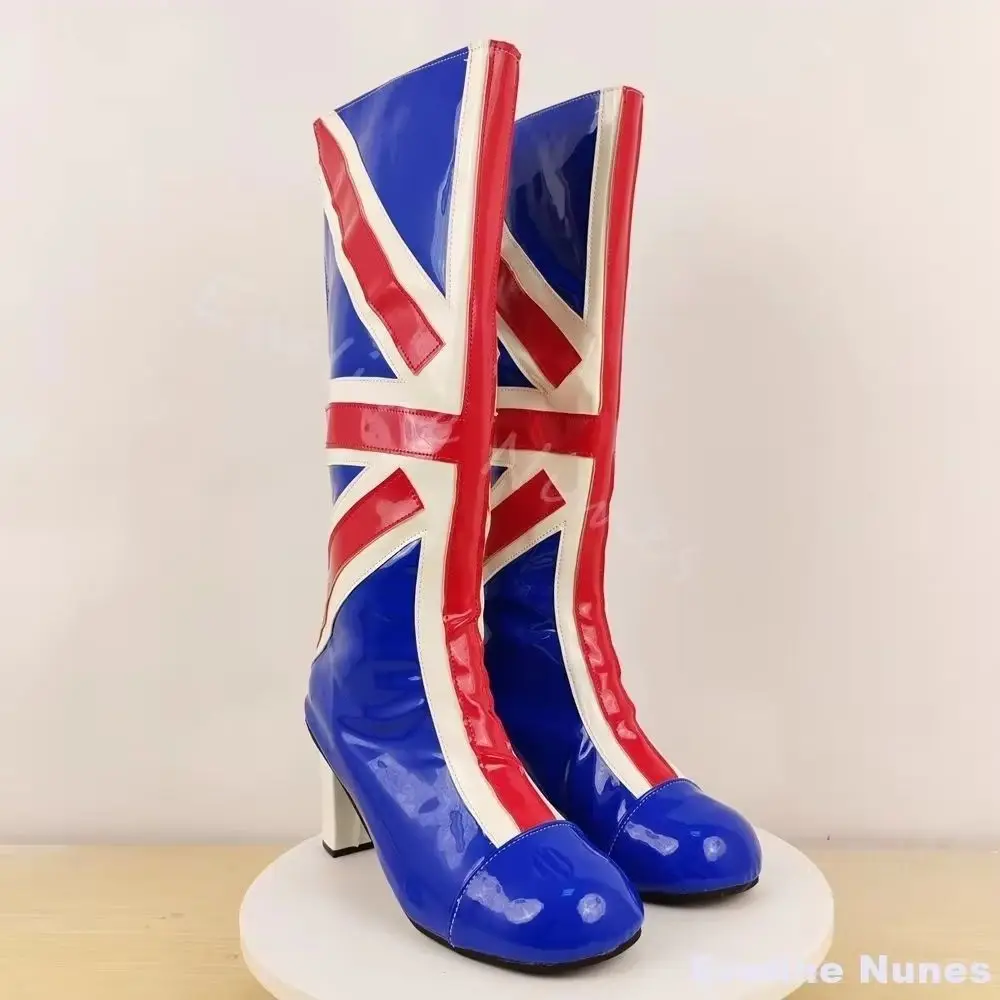 Botas hasta la rodilla a rayas rojas y azules para mujer, botas de caballero de charol con punta redonda y tacón grueso, nuevas botas de fiesta de pasarela a la moda 2025