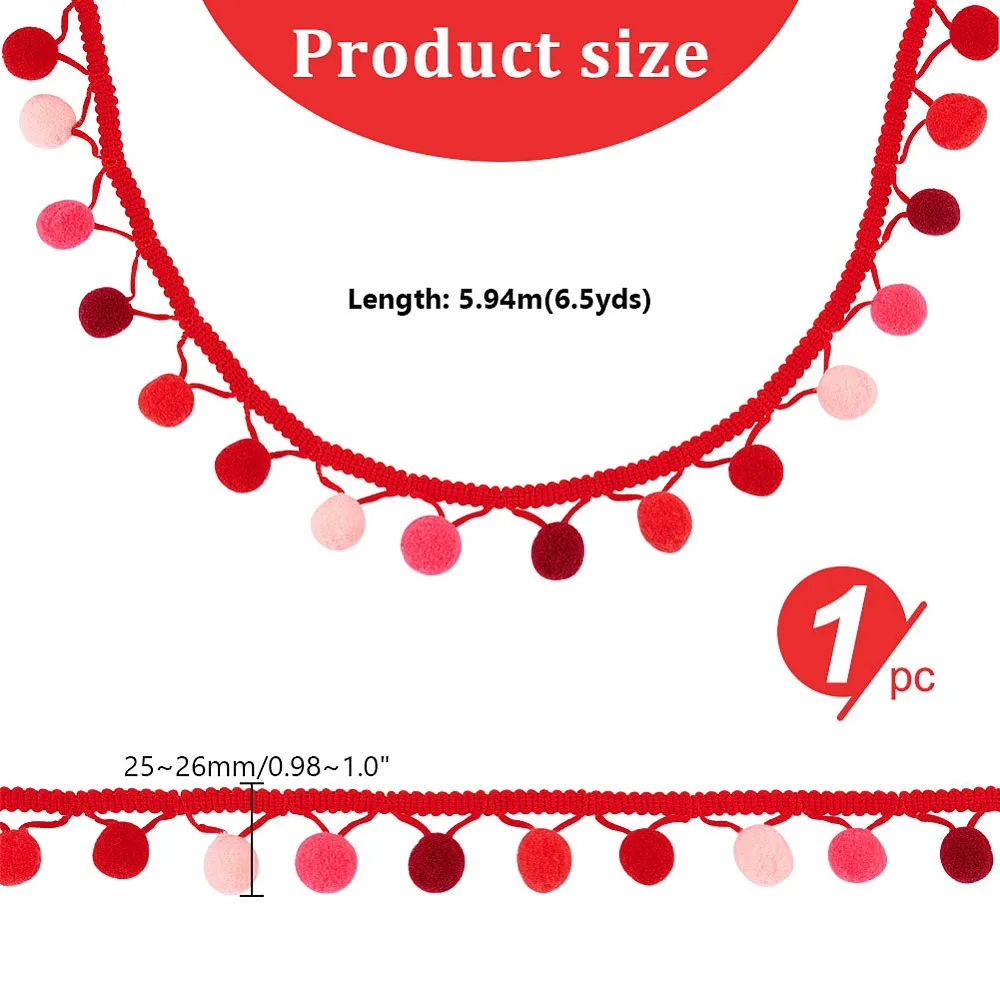 6.5 Yards Gradient Color Polyester Ball Tassel Ribbons for Party Decoration Red 1 inch(25~26mm)