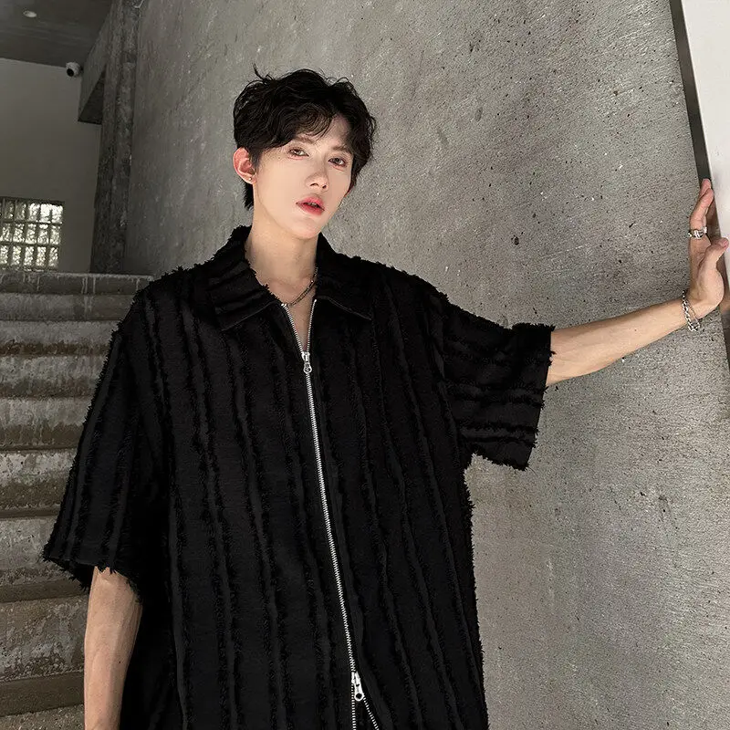 Men's 2025 Summer New Niche Trendy Retro Tassels Short Sleeve Shirts Men's Fashion Double Zipper Tops Male Stylish Lapel Shirts