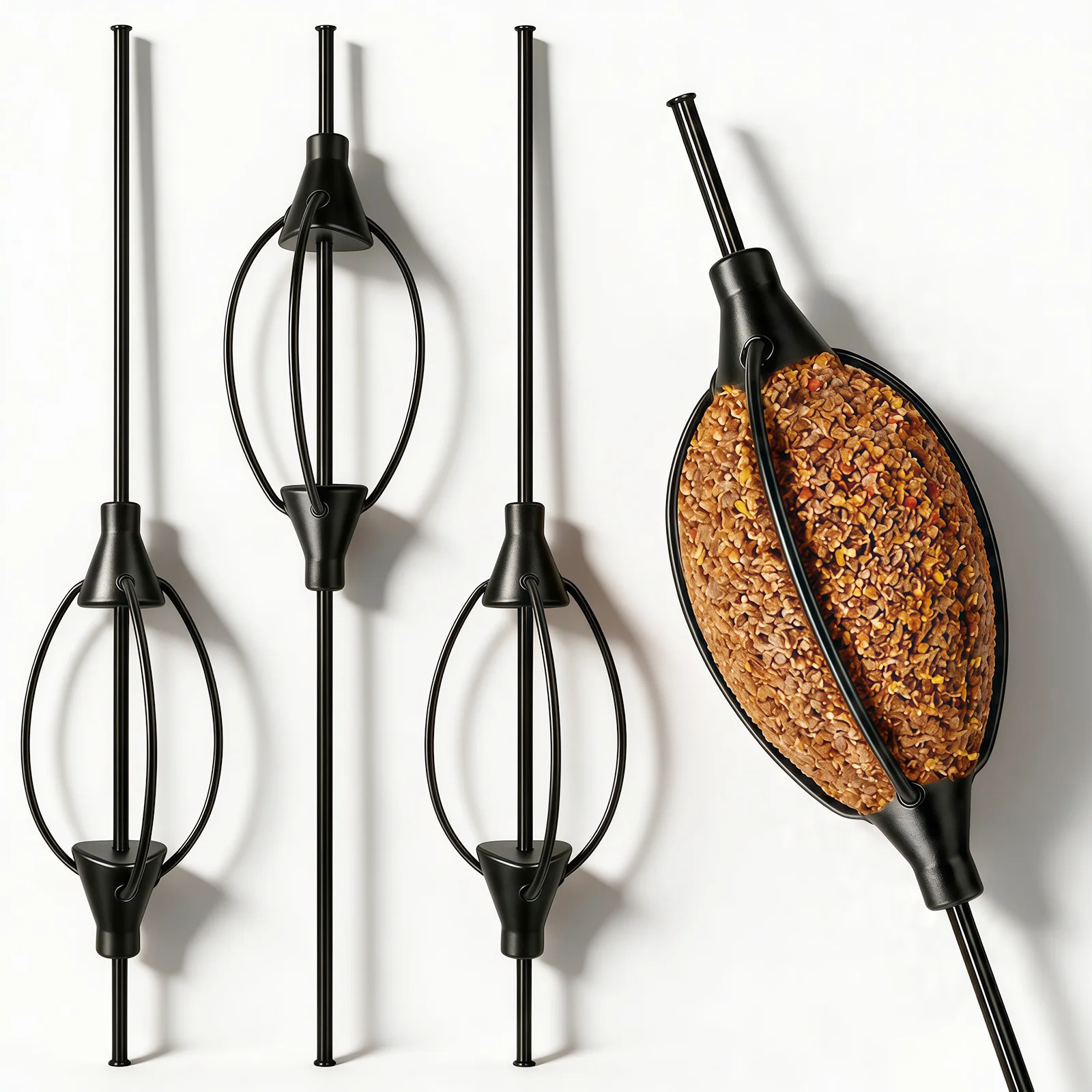 3 Sizes 25g/35g/45g Hollow Long Black Pointed Fish Bait Cages, Built-In Weights, Trefoil-Shaped Design
