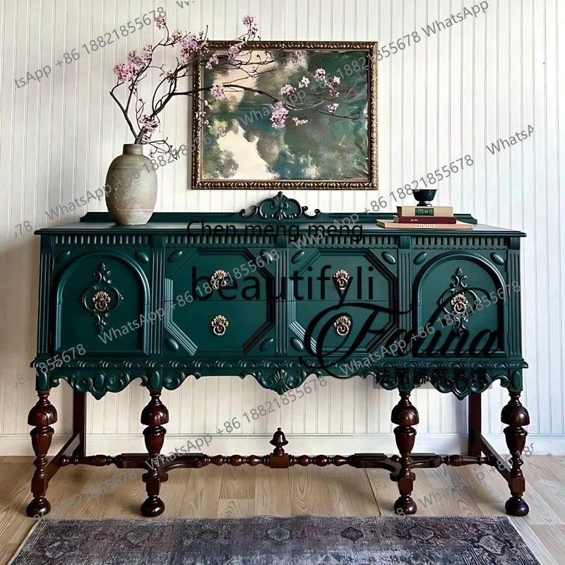 zqxFrench solid wood carving flower dining side cabinet European neoclassical luxury black living room  retro door cabinet