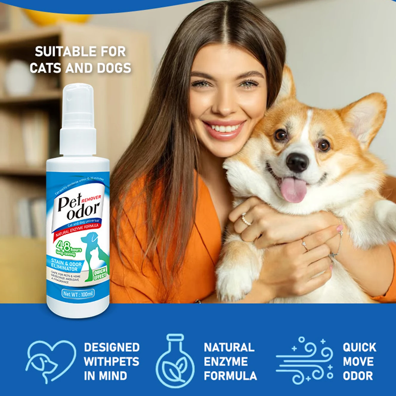 100ml Pet Odor Eliminator Spray for Cats Dogs Urine Smell Neutralizer Indoor Sofa Floor Litter Box Long Lasting Fresh