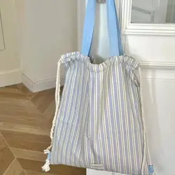 Borsa con coulisse a righe blu bianco borse a tracolla stile dolce borse di tela Casual di moda borsa per la spesa zaino di grande capacità