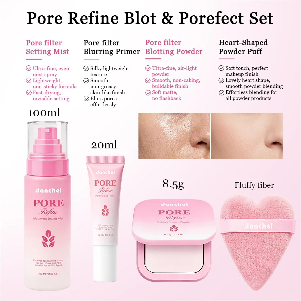 Oil Control Pore Minimizing Kit Hydrating Mattifying Face Set Silica Soft Focus Long Lasting Heart Puff Complete Routine