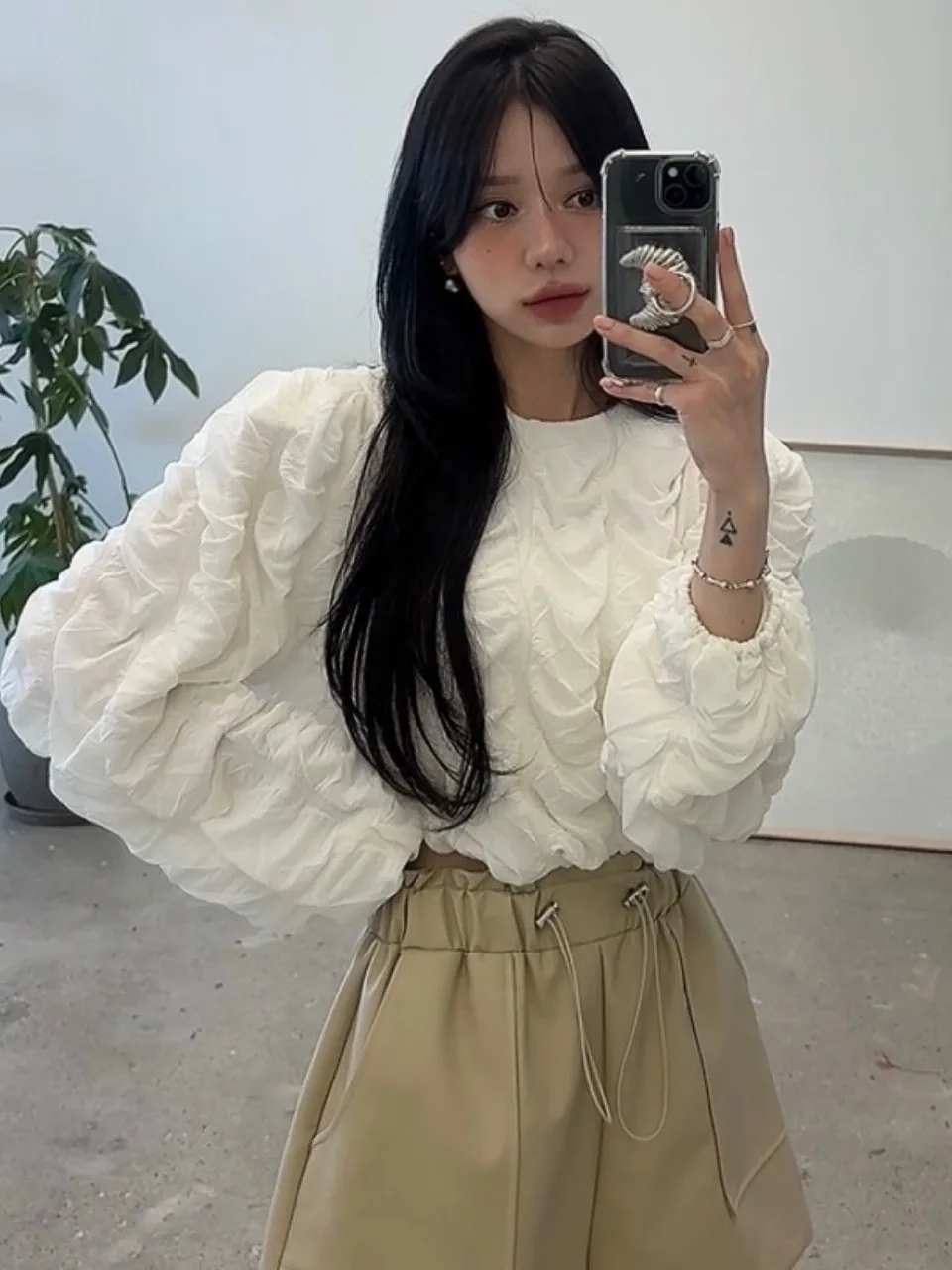 

Chic Faionable Chiclet Texture Women's irt New Fall High Faion Elegance Trendy Long Sve Korean Sle Polyester 00%