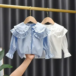 Blusas para niñas pequeñas, camisas blancas y azules para niños, Tops con cuello de muñeca, ropa de estilo coreano de 1 a 6 años, primavera y otoño, 2024