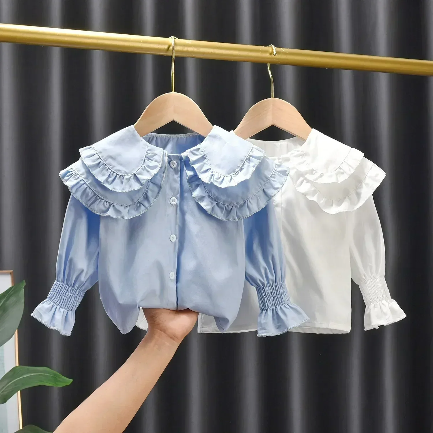 Baby Girls Blouses Kids White Blue Shirts 2025 Spring Autumn Doll Collar Tops 1 To 6Yrs Children's Korean Style Clothing