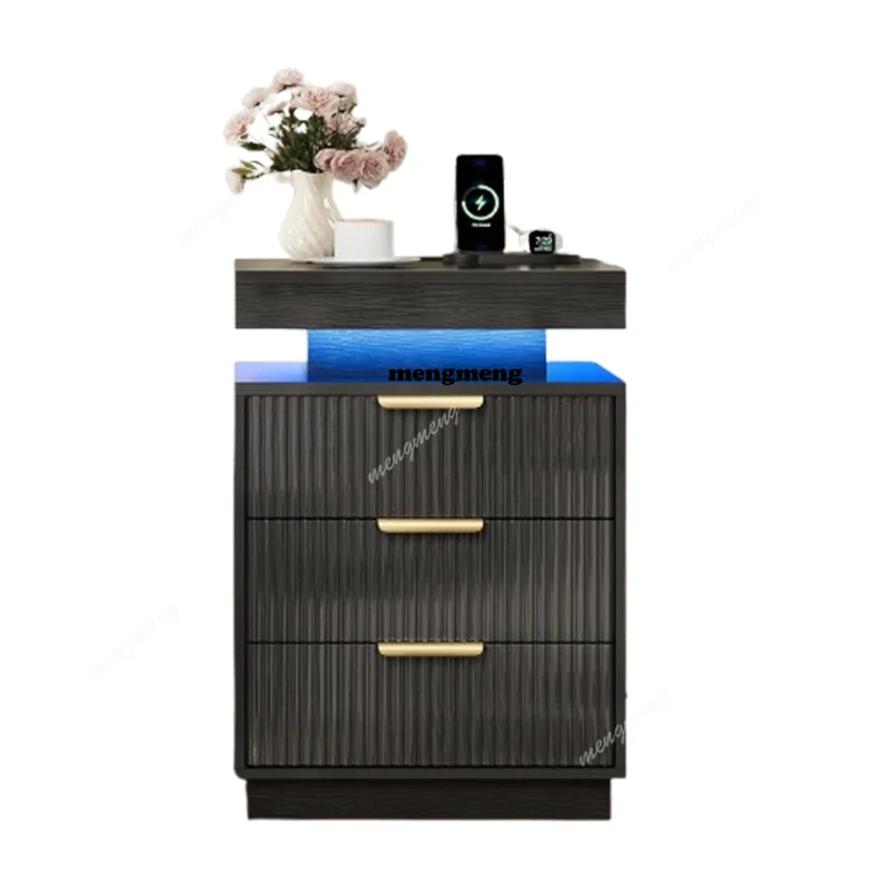Black Nightstand Charging Station LED Modern Bedside Table 3 Fluted Drawers Floating Top 2 AC Outlets 1 USB-A 1 Type-C Bedroom