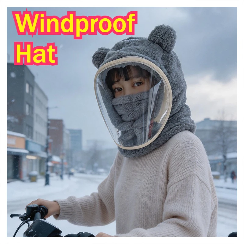 Children Winter Windproof Hat Face Mask with Transparent Hoods Exercise Jackets Shield Thick Thermal Head Cover Cute Neck Scarf