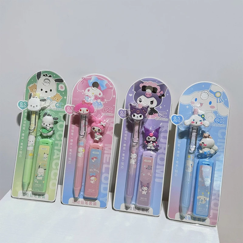 1Set Sanrio Melody Kuromi Cinnamoroll Pochacco 0.5mm Mechanical Pencil Eraser Stationery Set High Face Value Automatic Pencil