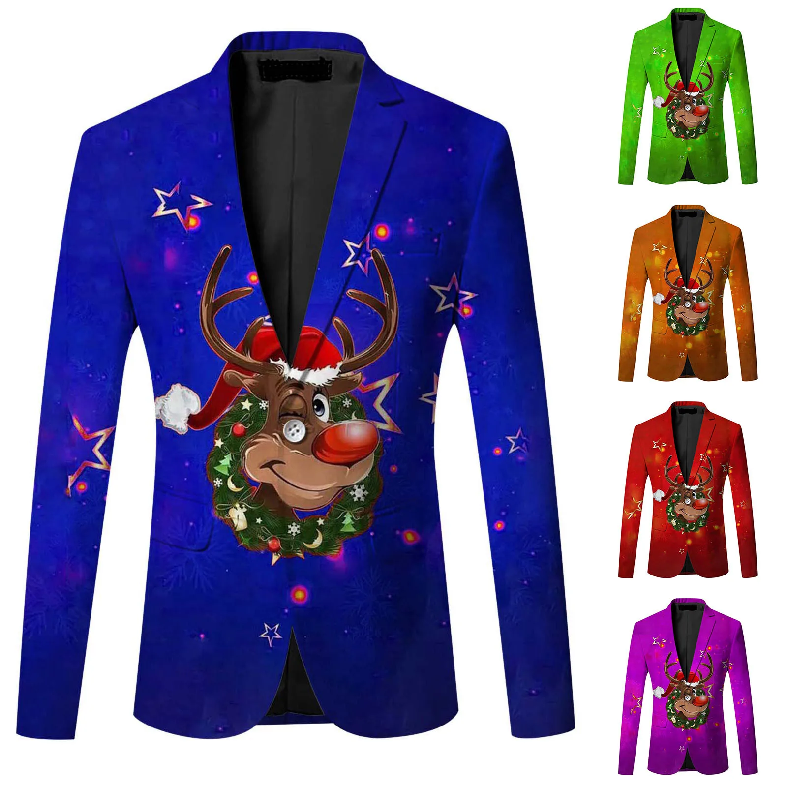 Christmas Deer Printed Fashion Slim Fit Blazer Coat Casual Single Button Lapel Suit Jacket Top Business Party Suits for Men