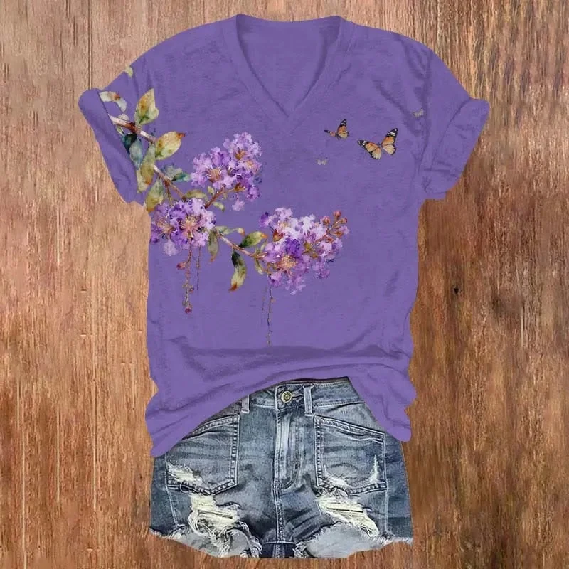Vintage Crape Myrtle Flower Art Print V-neck T-shirt Summer Women's T Shirts view 3