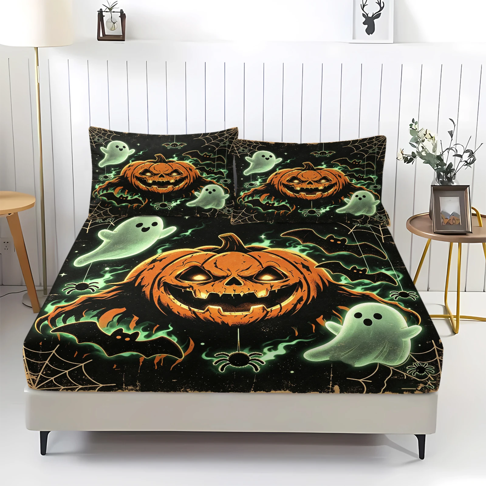 Halloween Scary Pumpkin Ghost Fitted Sheet Set Green Flame Spider Bat Cobweb Elastic Mattress Cover Deep Pocket Bed Sheets