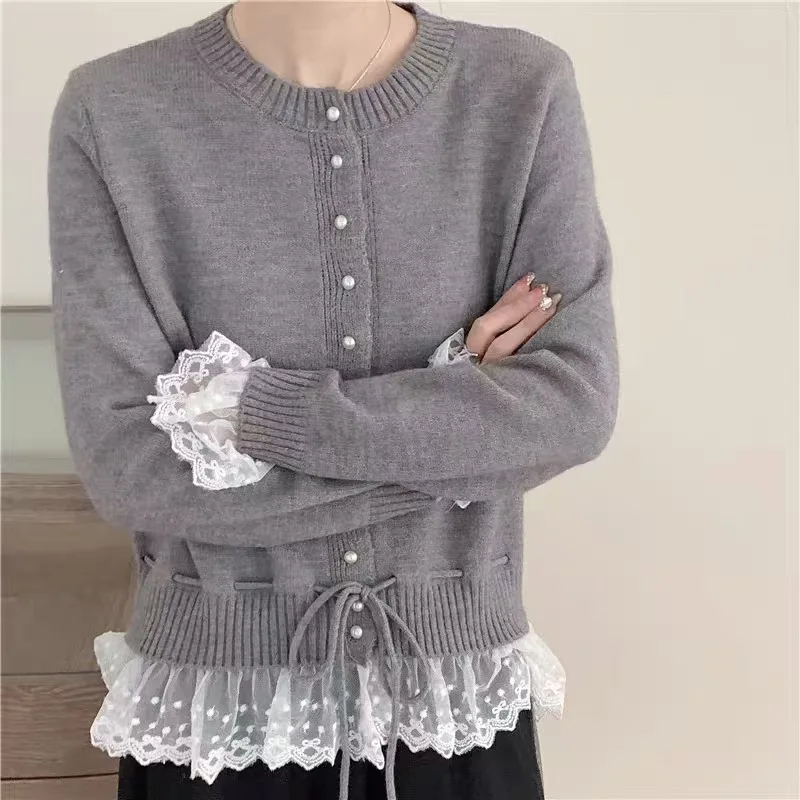 2026 Lazy Wind Cardigan en tricot pour femme, avec empiècements en dentelle, coupe ajustée, collection Automne-Hiver